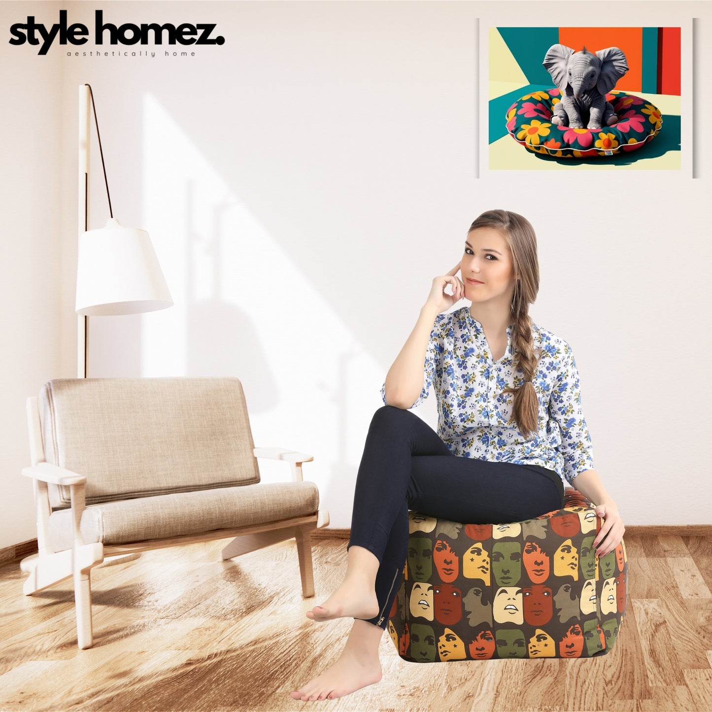 Style Homez Square Ottoman, Cotton Canvas Abstract Printed Bean Bag Ottoman Stool Large Size Filled with Beans, Multi Color