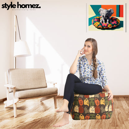 Style Homez Square Ottoman, Cotton Canvas Abstract Printed Bean Bag Ottoman Stool Large Size Filled with Beans, Multi Color