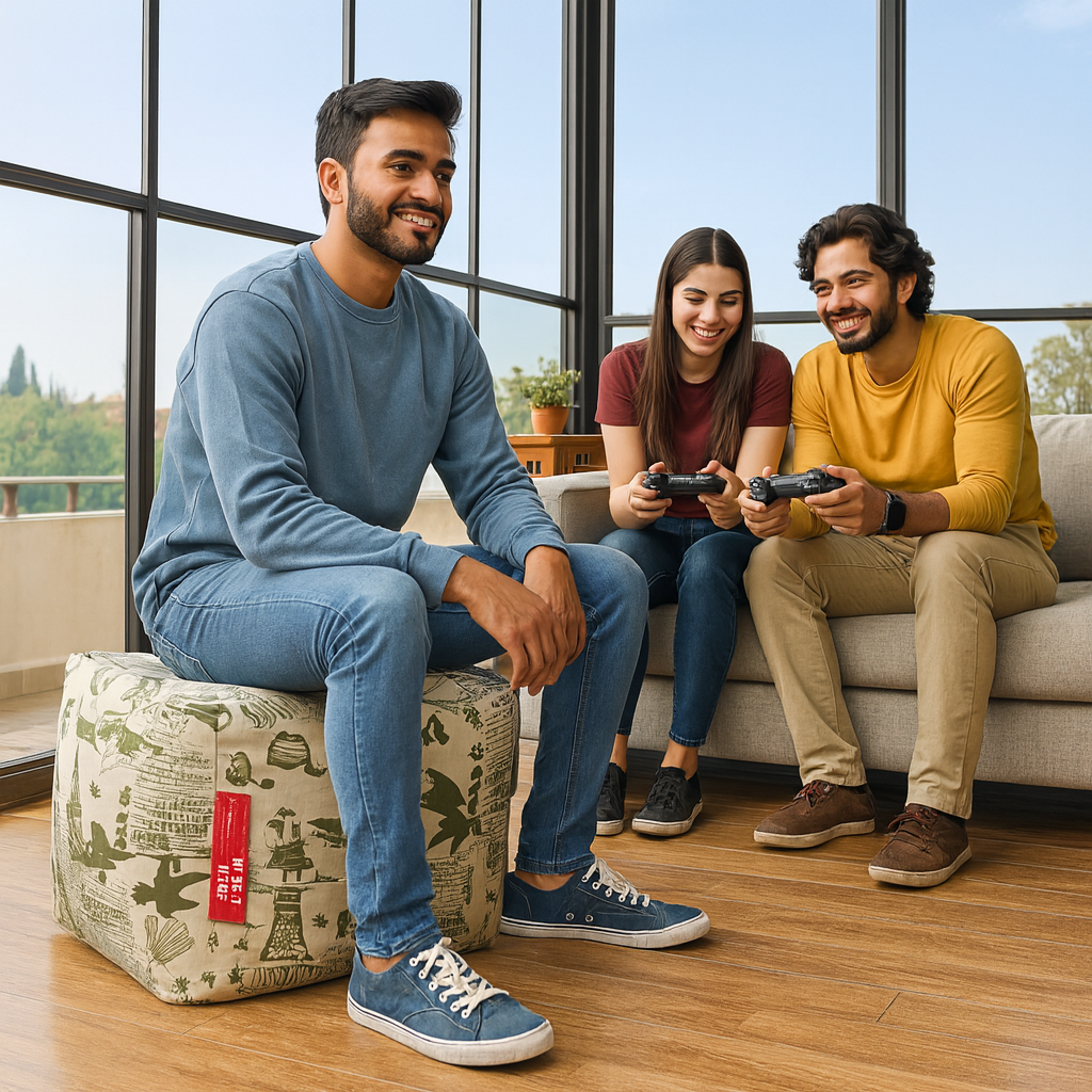 Style Homez Square Ottoman, Cotton Canvas Abstract Printed Bean Bag Ottoman Stool Large Size Filled with Beans, Heena Color