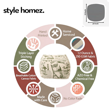 Style Homez Square Ottoman, Cotton Canvas Abstract Printed Bean Bag Ottoman Stool Large Size Filled with Beans, Heena Color