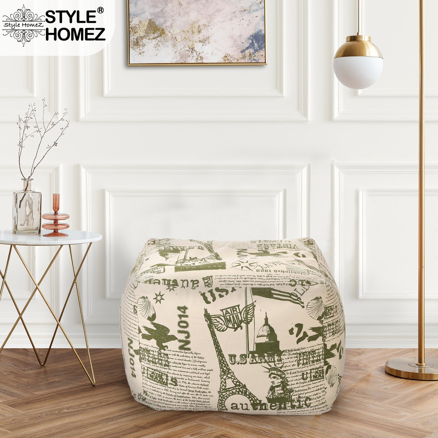 Style Homez Square Ottoman, Cotton Canvas Abstract Printed Bean Bag Ottoman Stool Large Size Filled with Beans, Heena Color