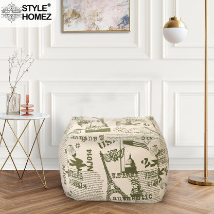Style Homez Square Ottoman, Cotton Canvas Abstract Printed Bean Bag Ottoman Stool Large Size Filled with Beans, Heena Color