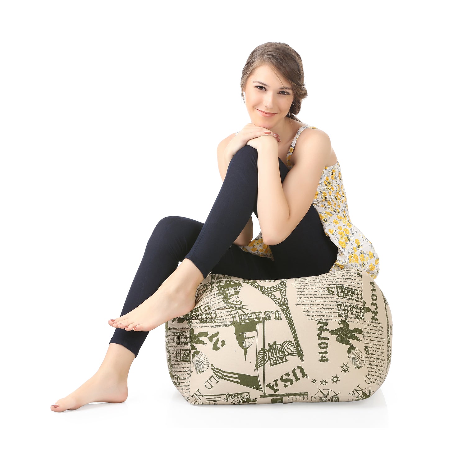 Style Homez Square Ottoman, Cotton Canvas Abstract Printed Bean Bag Ottoman Stool Large Size Filled with Beans, Heena Color