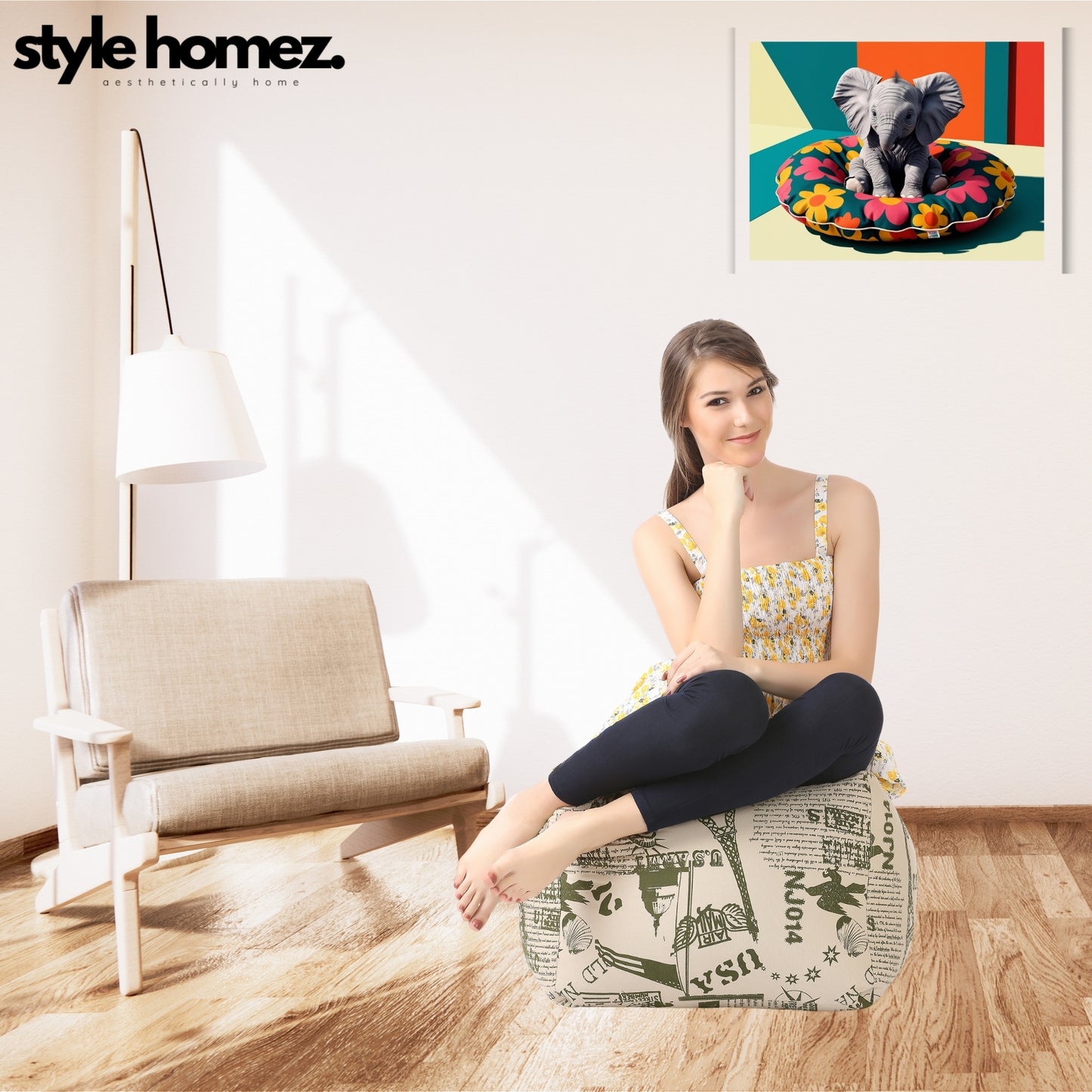 Style Homez Square Ottoman, Cotton Canvas Abstract Printed Bean Bag Ottoman Stool Large Size Filled with Beans, Heena Color