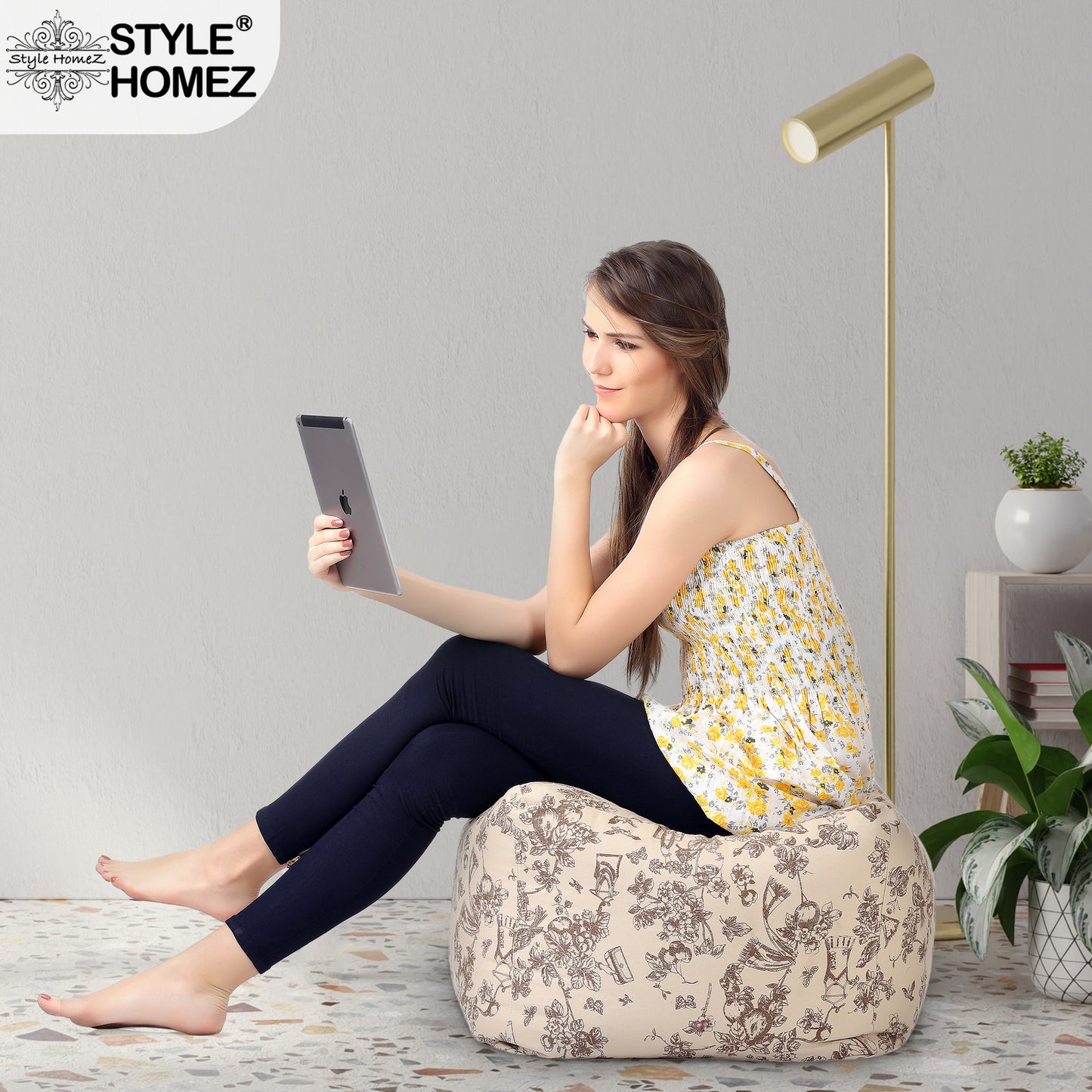 Style Homez Square Ottoman, Cotton Canvas Abstract Printed Bean Bag Ottoman Stool Large Size Filled with Beans, Caramel Color