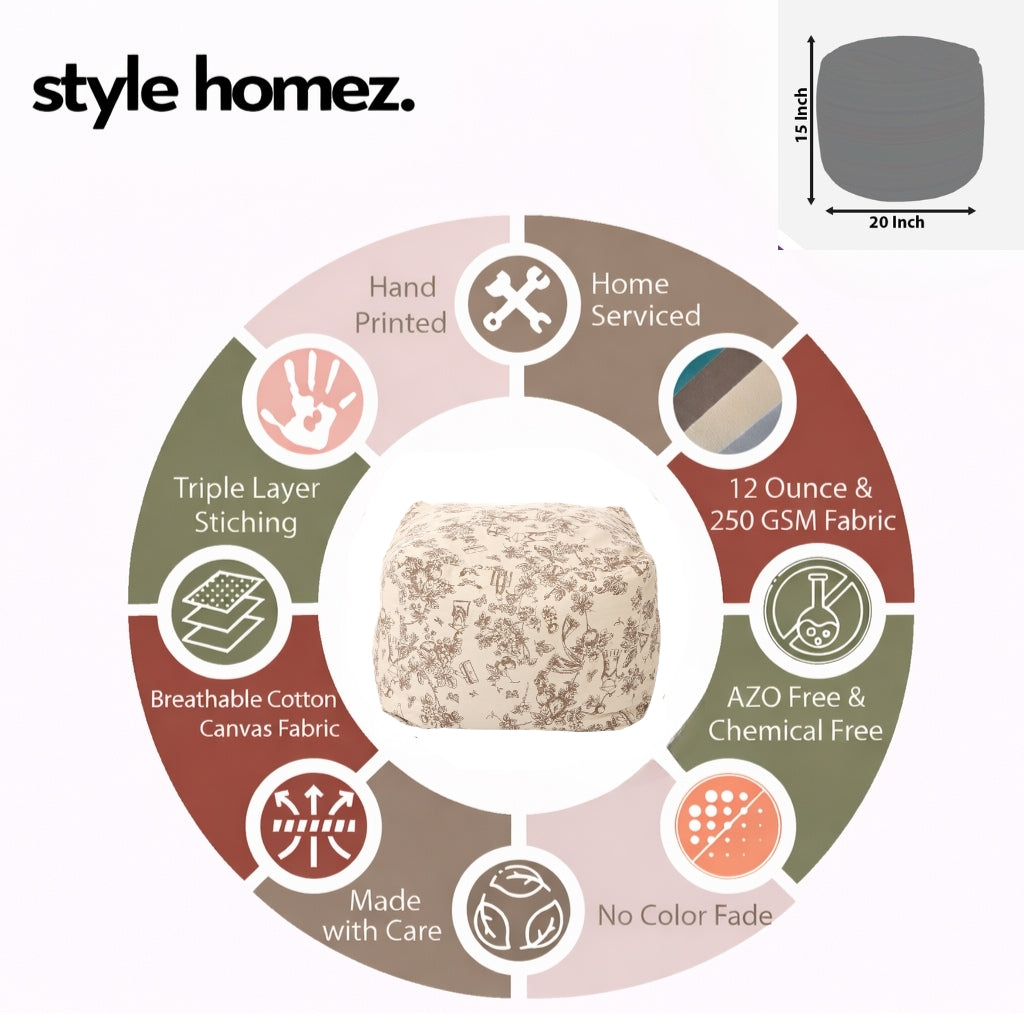 Style Homez Square Ottoman, Cotton Canvas Abstract Printed Bean Bag Ottoman Stool Large Size Filled with Beans, Caramel Color