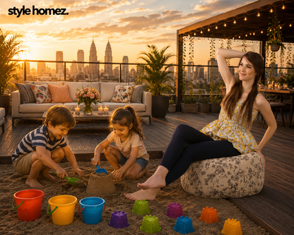 Style Homez Square Ottoman, Cotton Canvas Abstract Printed Bean Bag Ottoman Stool Large Size Filled with Beans, Caramel Color
