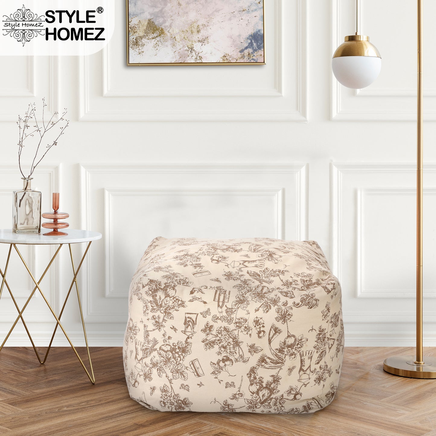 Style Homez Square Ottoman, Cotton Canvas Abstract Printed Bean Bag Ottoman Stool Large Size Filled with Beans, Caramel Color