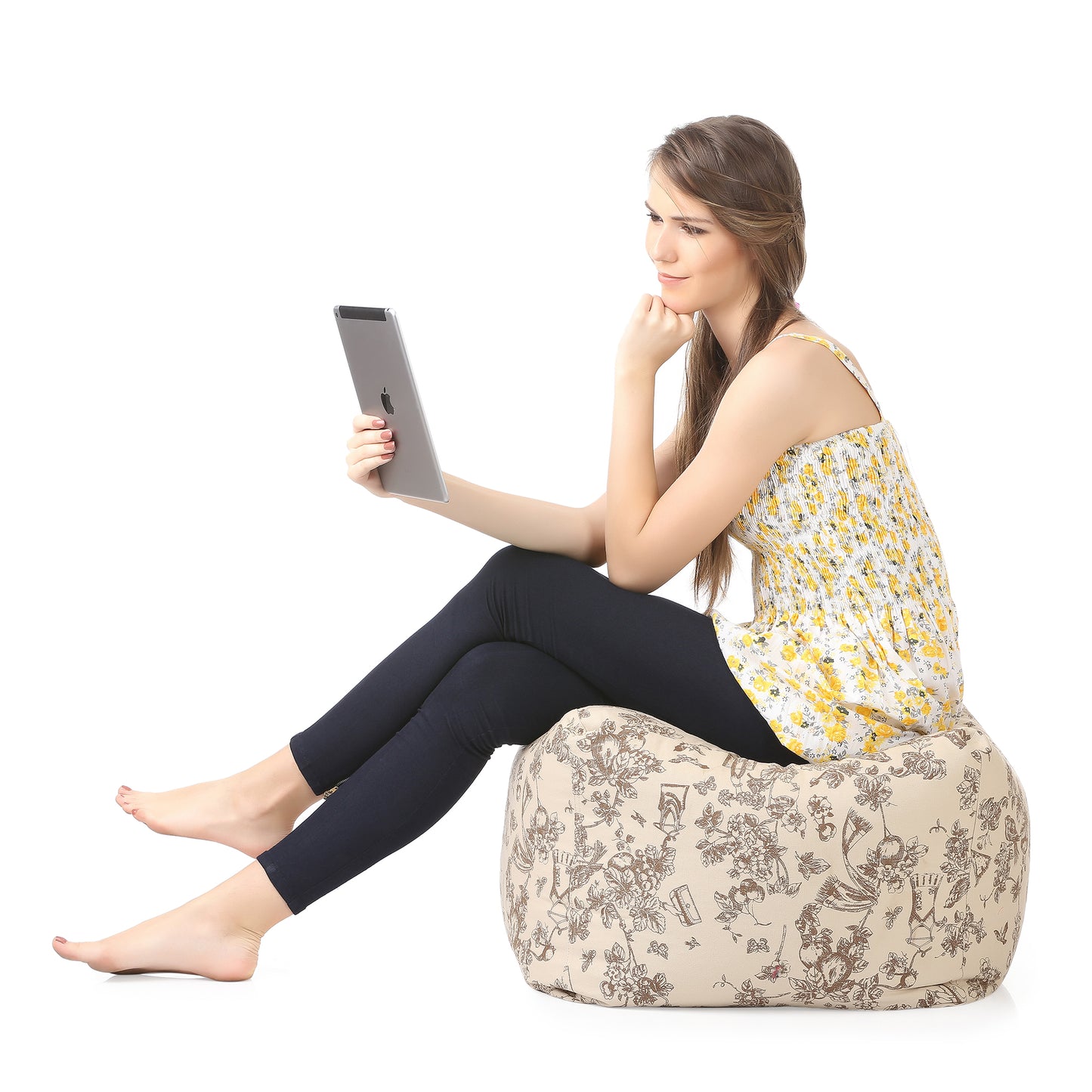 Style Homez Square Ottoman, Cotton Canvas Abstract Printed Bean Bag Ottoman Stool Large Size Filled with Beans, Caramel Color
