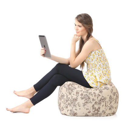 Style Homez Square Ottoman, Cotton Canvas Abstract Printed Bean Bag Ottoman Stool Large Size Filled with Beans, Caramel Color
