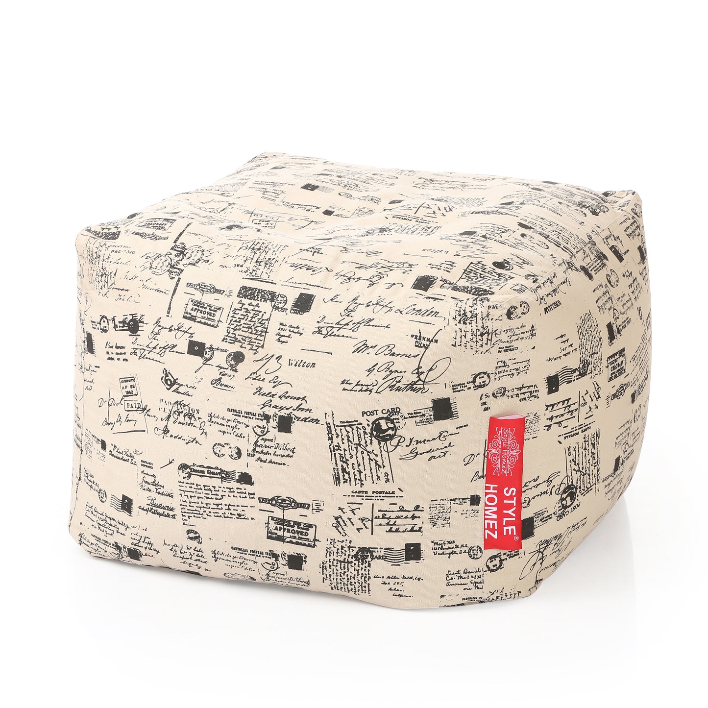 Style Homez Square Ottoman, Cotton Canvas Abstract Printed Bean Bag Ottoman Stool Large Size Filled with Beans, Light Honey Color