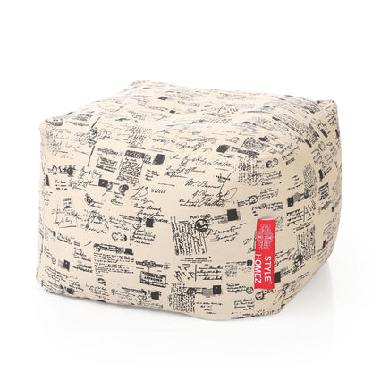 Style Homez Square Ottoman, Cotton Canvas Abstract Printed Bean Bag Ottoman Stool Large Size Filled with Beans, Light Honey Color
