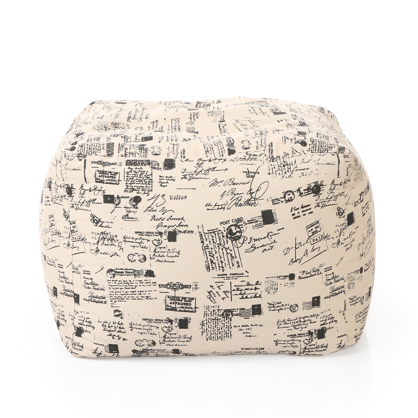 Style Homez Square Ottoman, Cotton Canvas Abstract Printed Bean Bag Ottoman Stool Large Size Filled with Beans, Light Honey Color