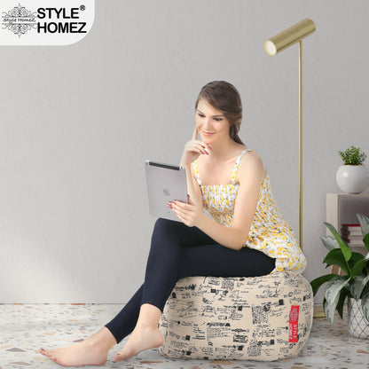 Style Homez Square Ottoman, Cotton Canvas Abstract Printed Bean Bag Ottoman Stool Large Size Filled with Beans, Light Honey Color