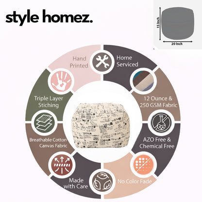 Style Homez Square Ottoman, Cotton Canvas Abstract Printed Bean Bag Ottoman Stool Large Size Filled with Beans, Light Honey Color
