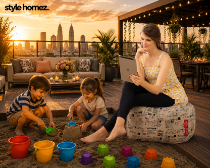 Style Homez Square Ottoman, Cotton Canvas Abstract Printed Bean Bag Ottoman Stool Large Size Filled with Beans, Light Honey Color