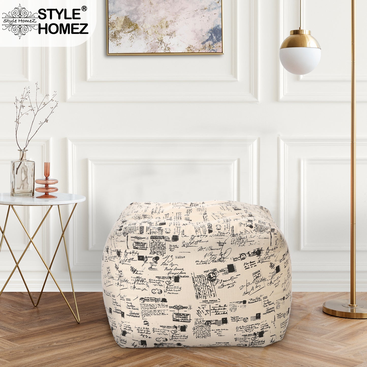 Style Homez Square Ottoman, Cotton Canvas Abstract Printed Bean Bag Ottoman Stool Large Size Filled with Beans, Light Honey Color