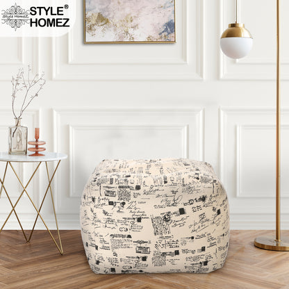 Style Homez Square Ottoman, Cotton Canvas Abstract Printed Bean Bag Ottoman Stool Large Size Filled with Beans, Light Honey Color