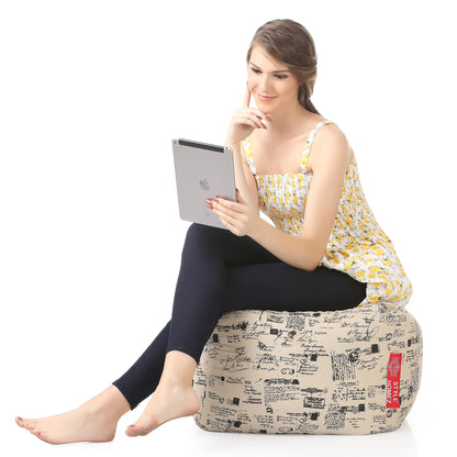Style Homez Square Ottoman, Cotton Canvas Abstract Printed Bean Bag Ottoman Stool Large Size Filled with Beans, Light Honey Color