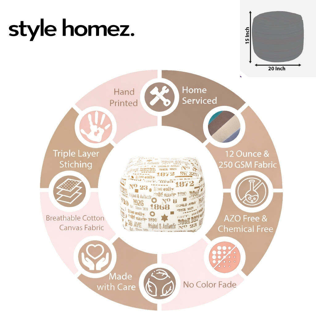 Style Homez Square Ottoman, Cotton Canvas Abstract Printed Bean Bag Ottoman Stool Large Size Filled with Beans, Caramel Color