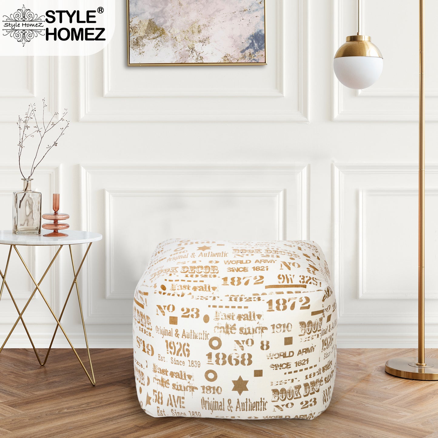 Style Homez Square Ottoman, Cotton Canvas Abstract Printed Bean Bag Ottoman Stool Large Size Filled with Beans, Caramel Color