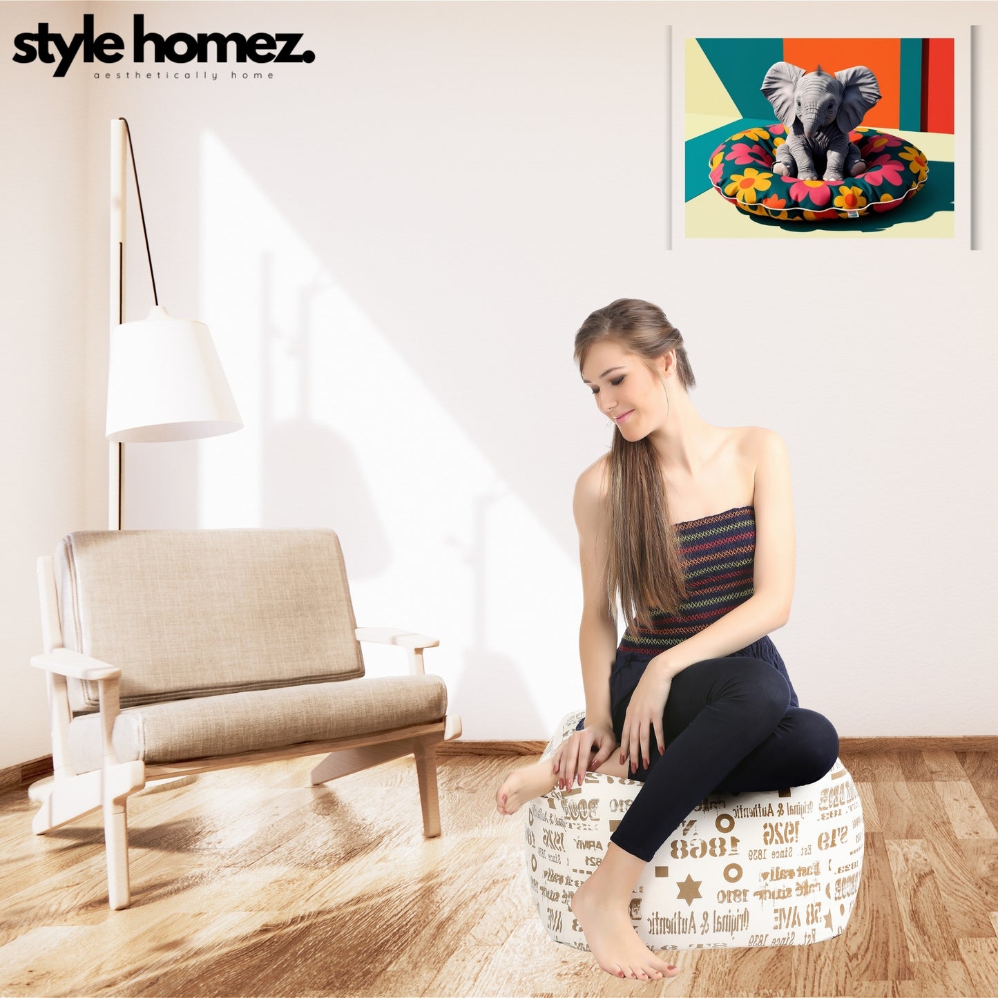 Style Homez Square Ottoman, Cotton Canvas Abstract Printed Bean Bag Ottoman Stool Large Size Filled with Beans, Caramel Color