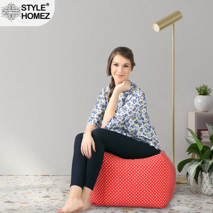 Style Homez Square Ottoman, Cotton Canvas Star Printed Bean Bag Ottoman Stool Large Size Filled with Beans, Red Color