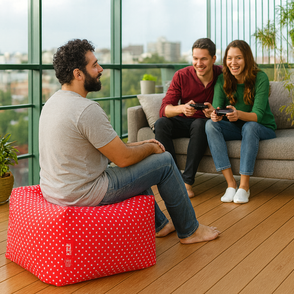 Style Homez Square Ottoman, Cotton Canvas Star Printed Bean Bag Ottoman Stool Large Size Filled with Beans, Red Color
