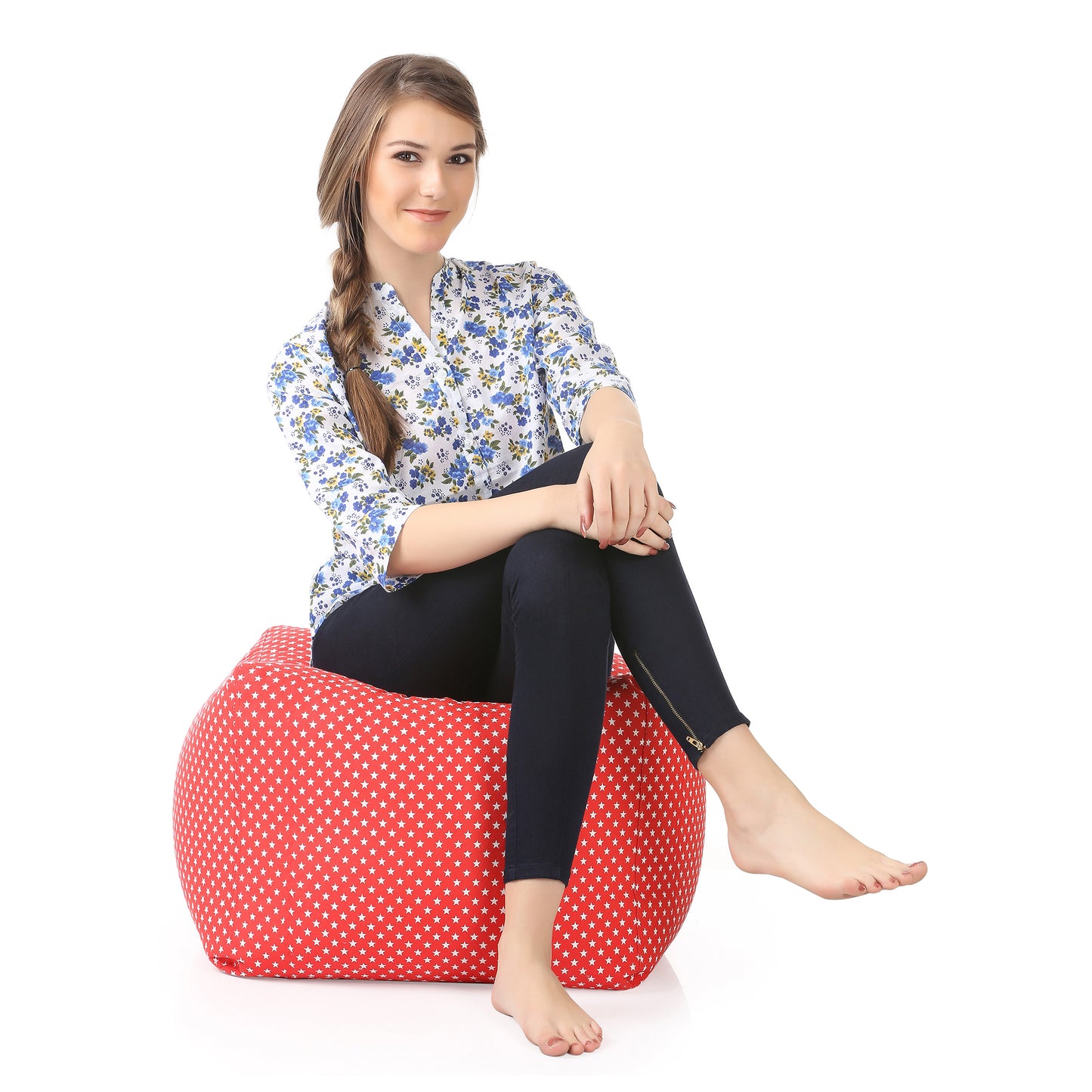Style Homez Square Ottoman, Cotton Canvas Star Printed Bean Bag Ottoman Stool Large Size Filled with Beans, Red Color