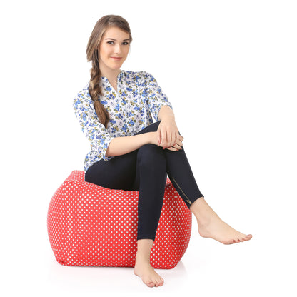 Style Homez Square Ottoman, Cotton Canvas Star Printed Bean Bag Ottoman Stool Large Size Filled with Beans, Red Color