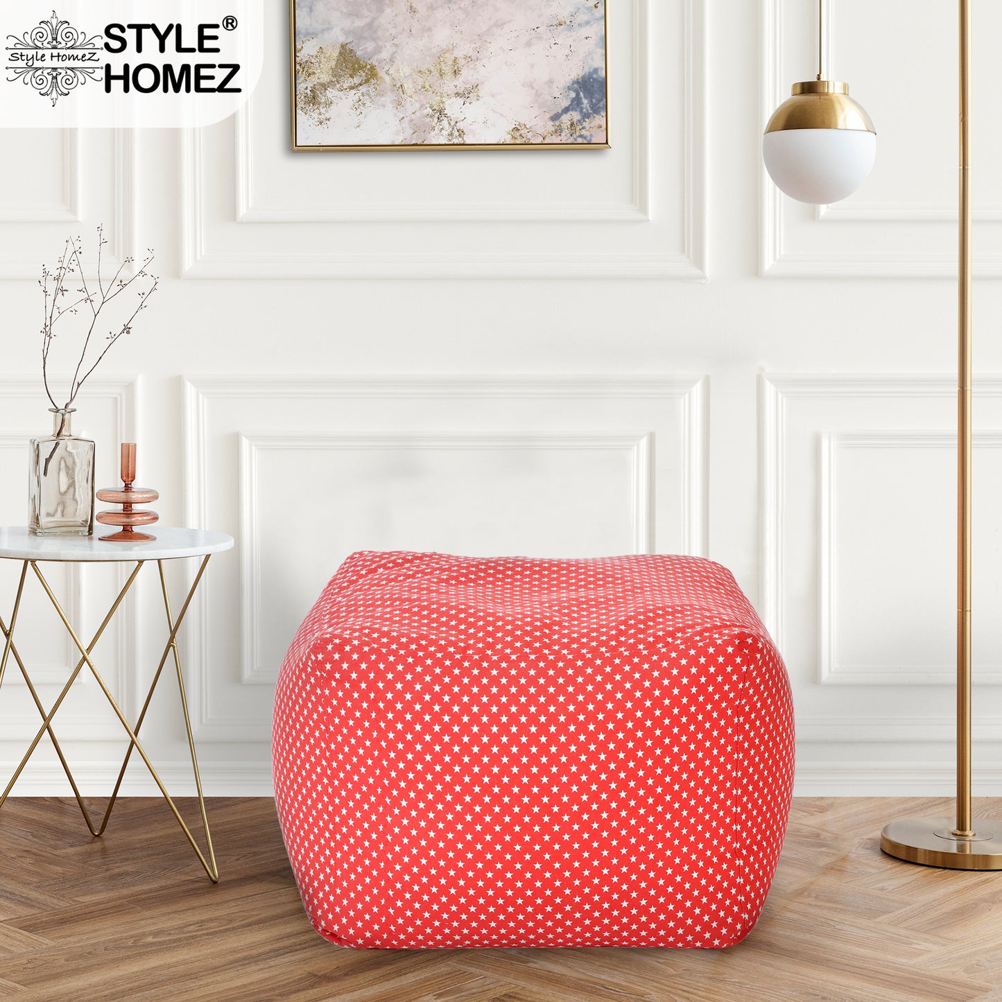 Style Homez Square Ottoman, Cotton Canvas Star Printed Bean Bag Ottoman Stool Large Size Filled with Beans, Red Color