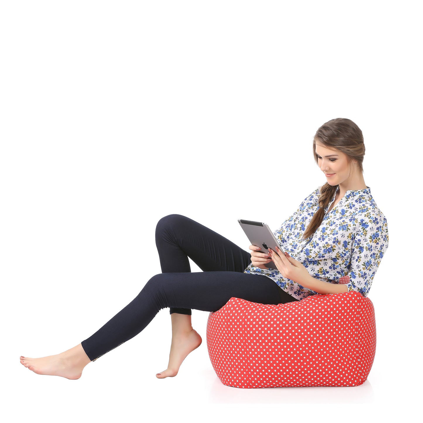 Style Homez Square Ottoman, Cotton Canvas Star Printed Bean Bag Ottoman Stool Large Size Filled with Beans, Red Color