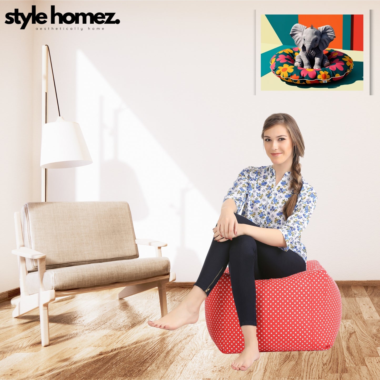 Style Homez Square Ottoman, Cotton Canvas Star Printed Bean Bag Ottoman Stool Large Size Filled with Beans, Red Color