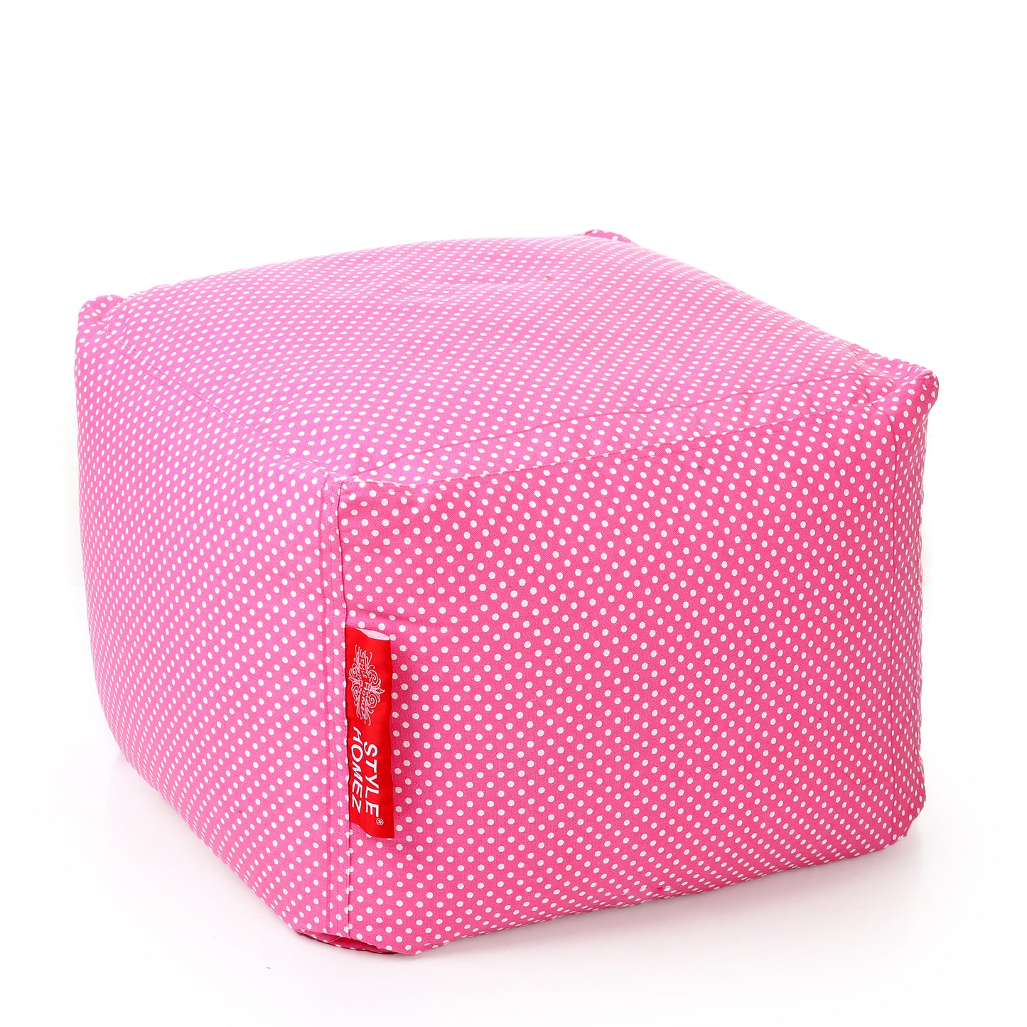 Style Homez Square Ottoman, Cotton Canvas Polka Dots Printed Bean Bag Ottoman Stool Large Size Filled with Beans, Pink Color