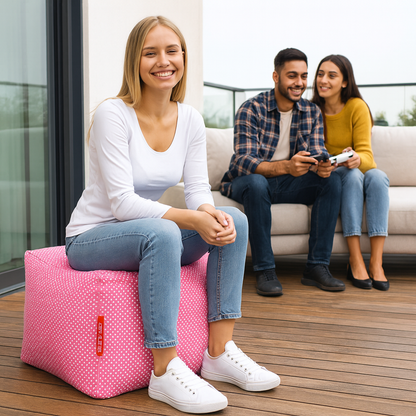 Style Homez Square Ottoman, Cotton Canvas Polka Dots Printed Bean Bag Ottoman Stool Large Size Filled with Beans, Pink Color