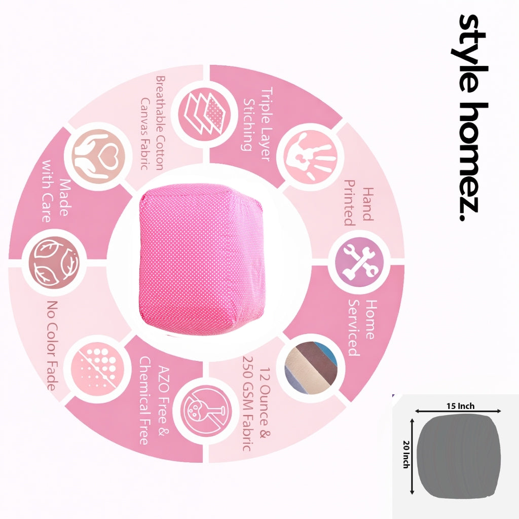 Style Homez Square Ottoman, Cotton Canvas Polka Dots Printed Bean Bag Ottoman Stool Large Size Filled with Beans, Pink Color