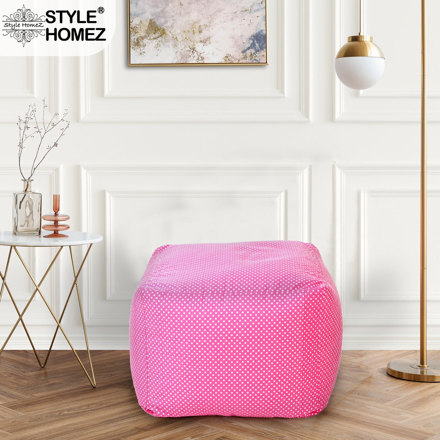 Style Homez Square Ottoman, Cotton Canvas Polka Dots Printed Bean Bag Ottoman Stool Large Size Filled with Beans, Pink Color