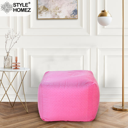 Style Homez Square Ottoman, Cotton Canvas Polka Dots Printed Bean Bag Ottoman Stool Large Size Filled with Beans, Pink Color