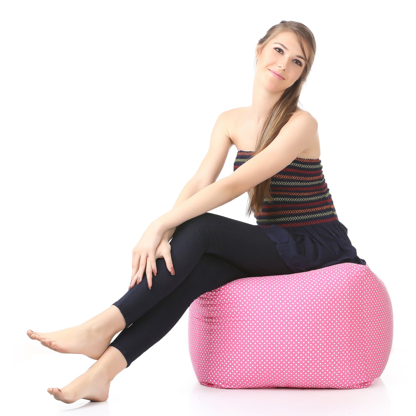 Style Homez Square Ottoman, Cotton Canvas Polka Dots Printed Bean Bag Ottoman Stool Large Size Filled with Beans, Pink Color