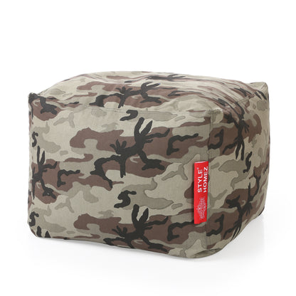 Style Homez Square Ottoman, Cotton Canvas Camouflage Printed Bean Bag Ottoman Stool Large Size Filled with Beans, Multi Color