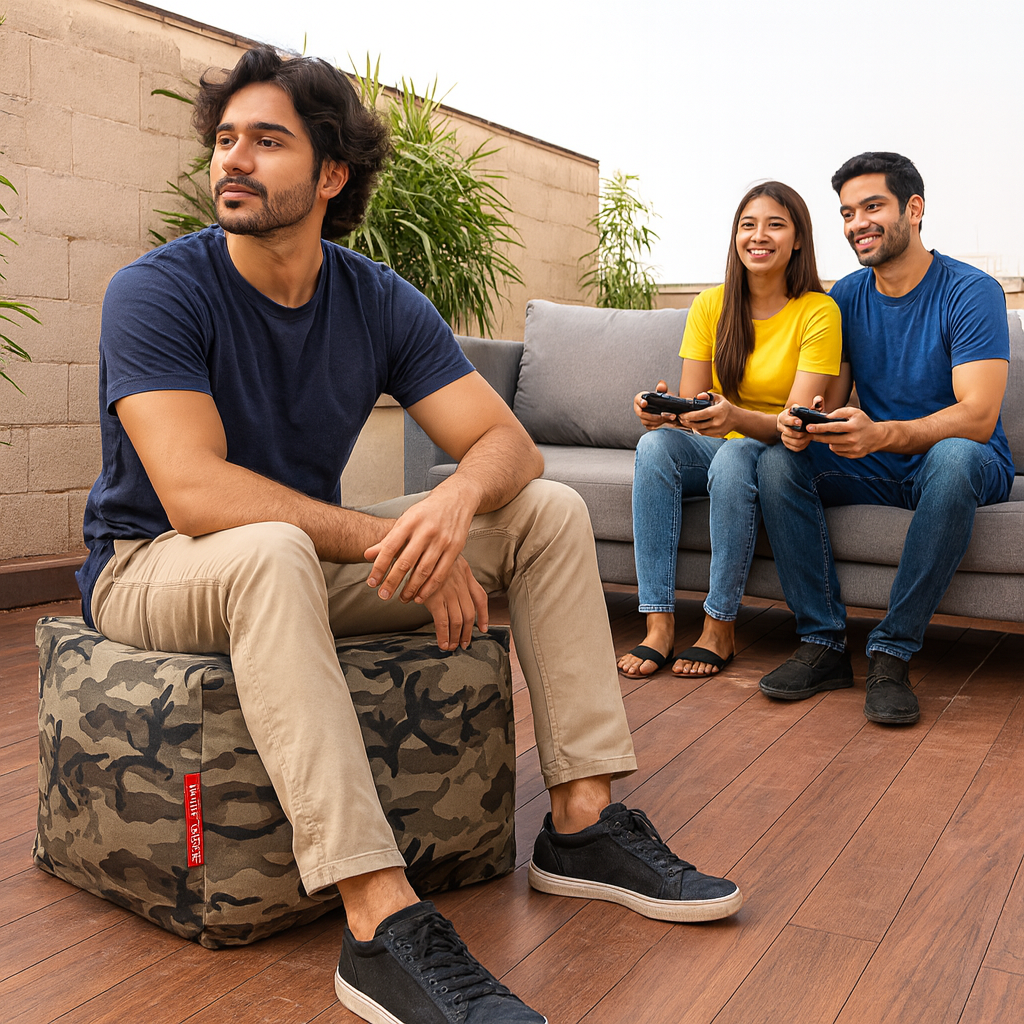 Style Homez Square Ottoman, Cotton Canvas Camouflage Printed Bean Bag Ottoman Stool Large Size Filled with Beans, Multi Color