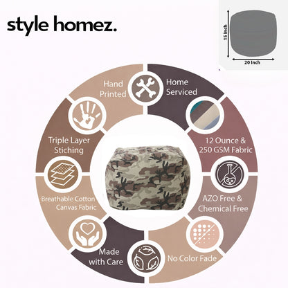 Style Homez Square Ottoman, Cotton Canvas Camouflage Printed Bean Bag Ottoman Stool Large Size Filled with Beans, Multi Color
