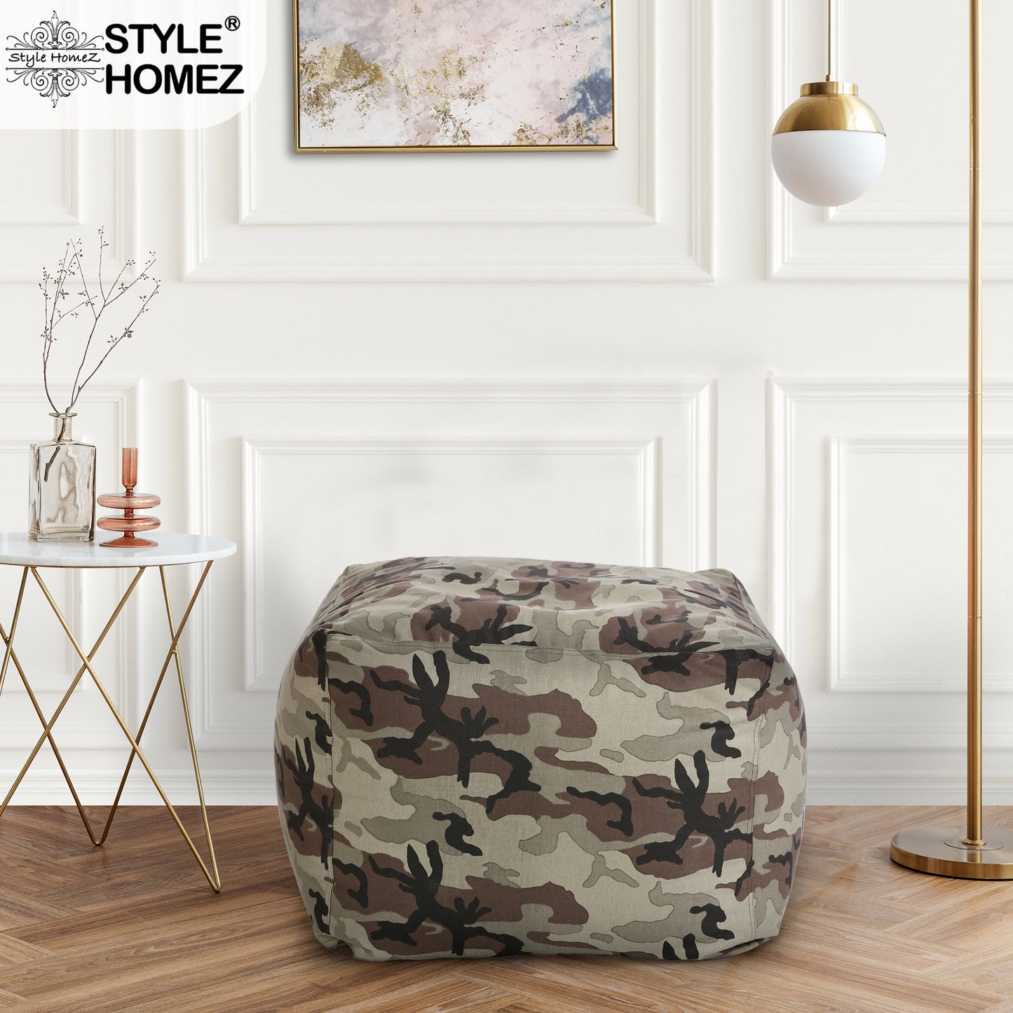 Style Homez Square Ottoman, Cotton Canvas Camouflage Printed Bean Bag Ottoman Stool Large Size Filled with Beans, Multi Color