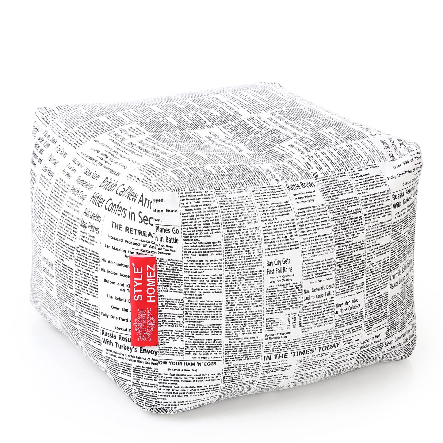 Style Homez Square Ottoman, Cotton Canvas Newspaper Printed Bean Bag Ottoman Stool Large Size Filled with Beans, White Black Color