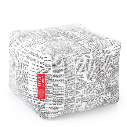 Style Homez Square Ottoman, Cotton Canvas Newspaper Printed Bean Bag Ottoman Stool Large Size Filled with Beans, White Black Color