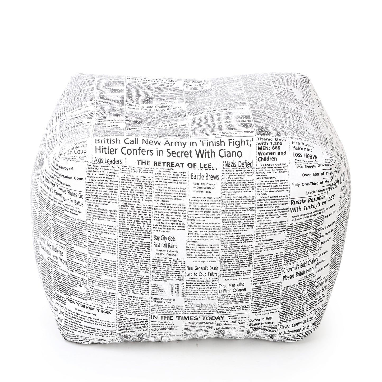 Style Homez Square Ottoman, Cotton Canvas Newspaper Printed Bean Bag Ottoman Stool Large Size Filled with Beans, White Black Color