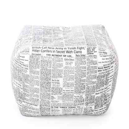 Style Homez Square Ottoman, Cotton Canvas Newspaper Printed Bean Bag Ottoman Stool Large Size Filled with Beans, White Black Color
