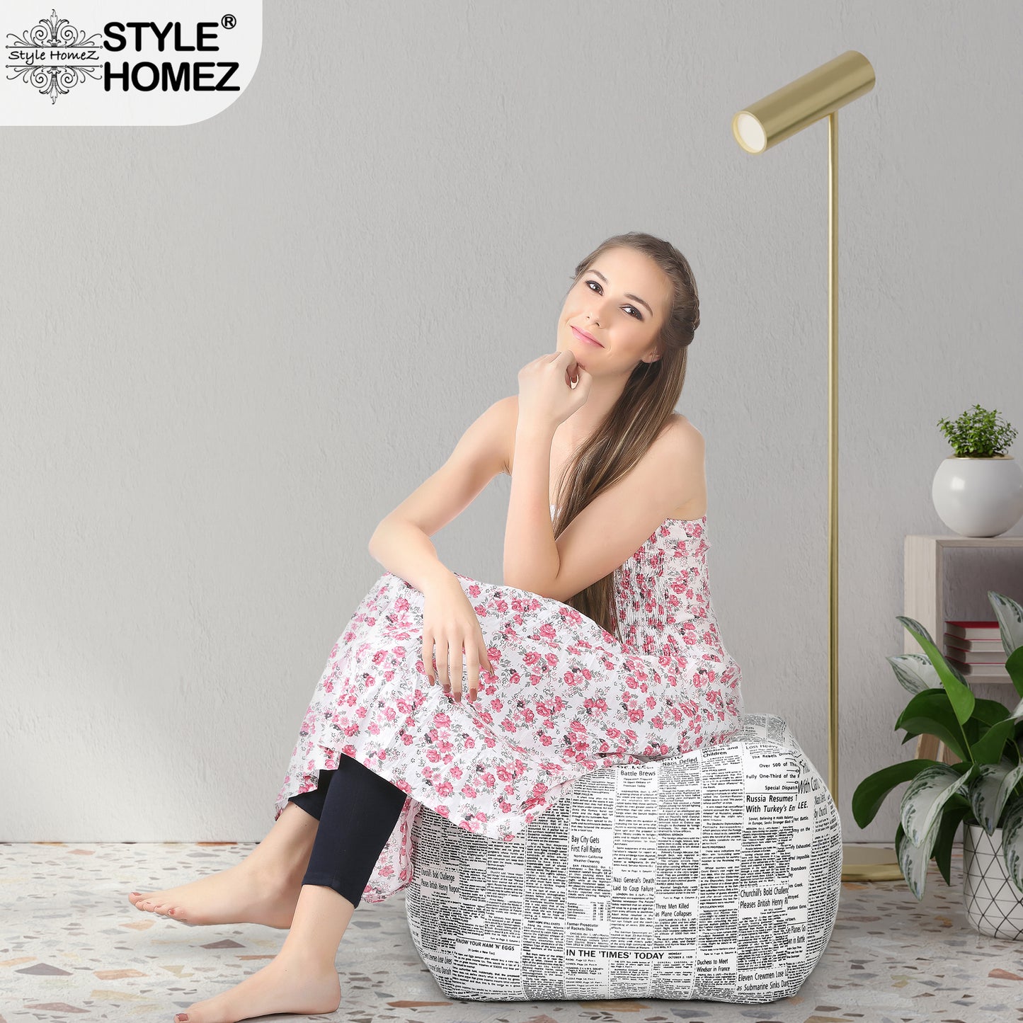 Style Homez Square Ottoman, Cotton Canvas Newspaper Printed Bean Bag Ottoman Stool Large Size Filled with Beans, White Black Color