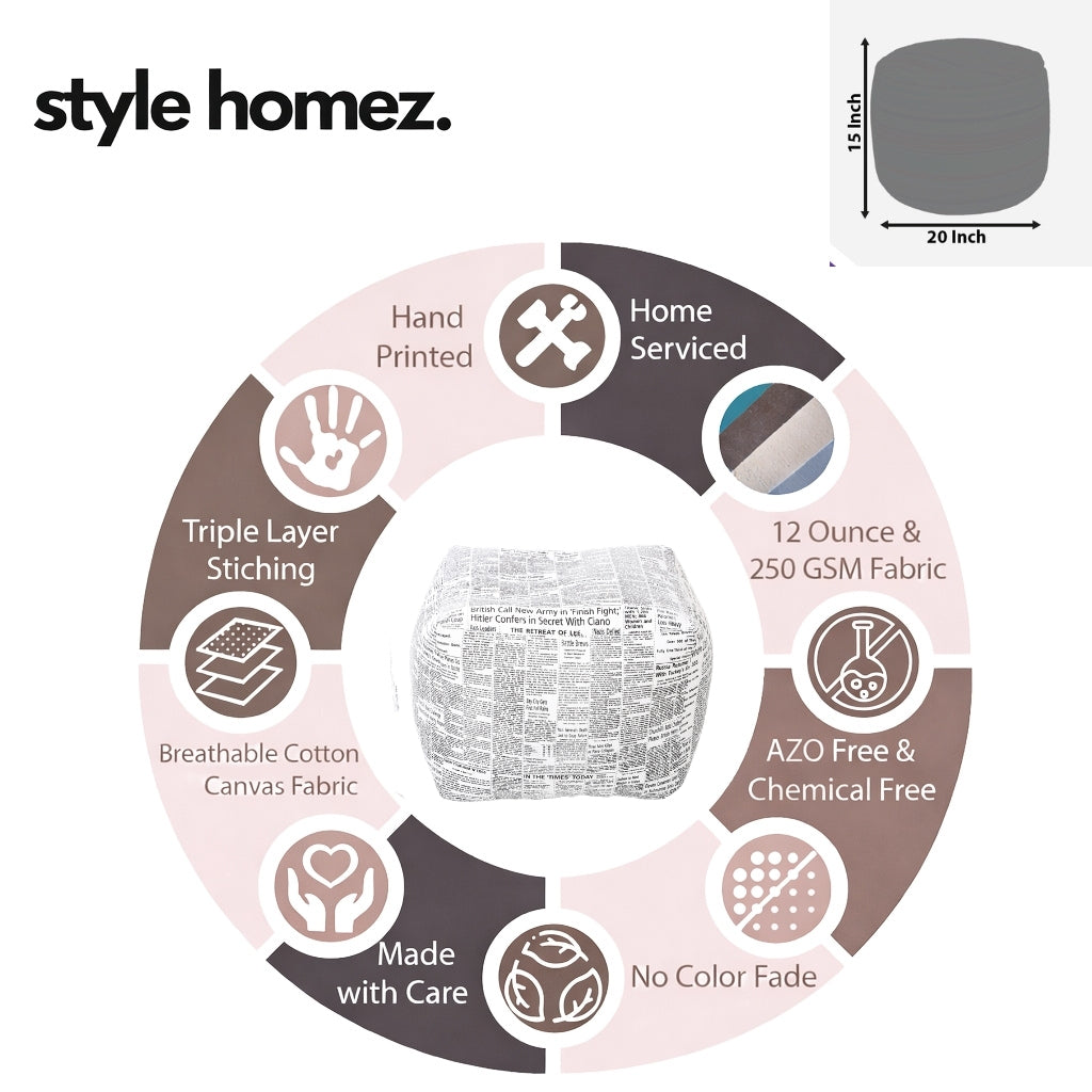 Style Homez Square Ottoman, Cotton Canvas Newspaper Printed Bean Bag Ottoman Stool Large Size Filled with Beans, White Black Color