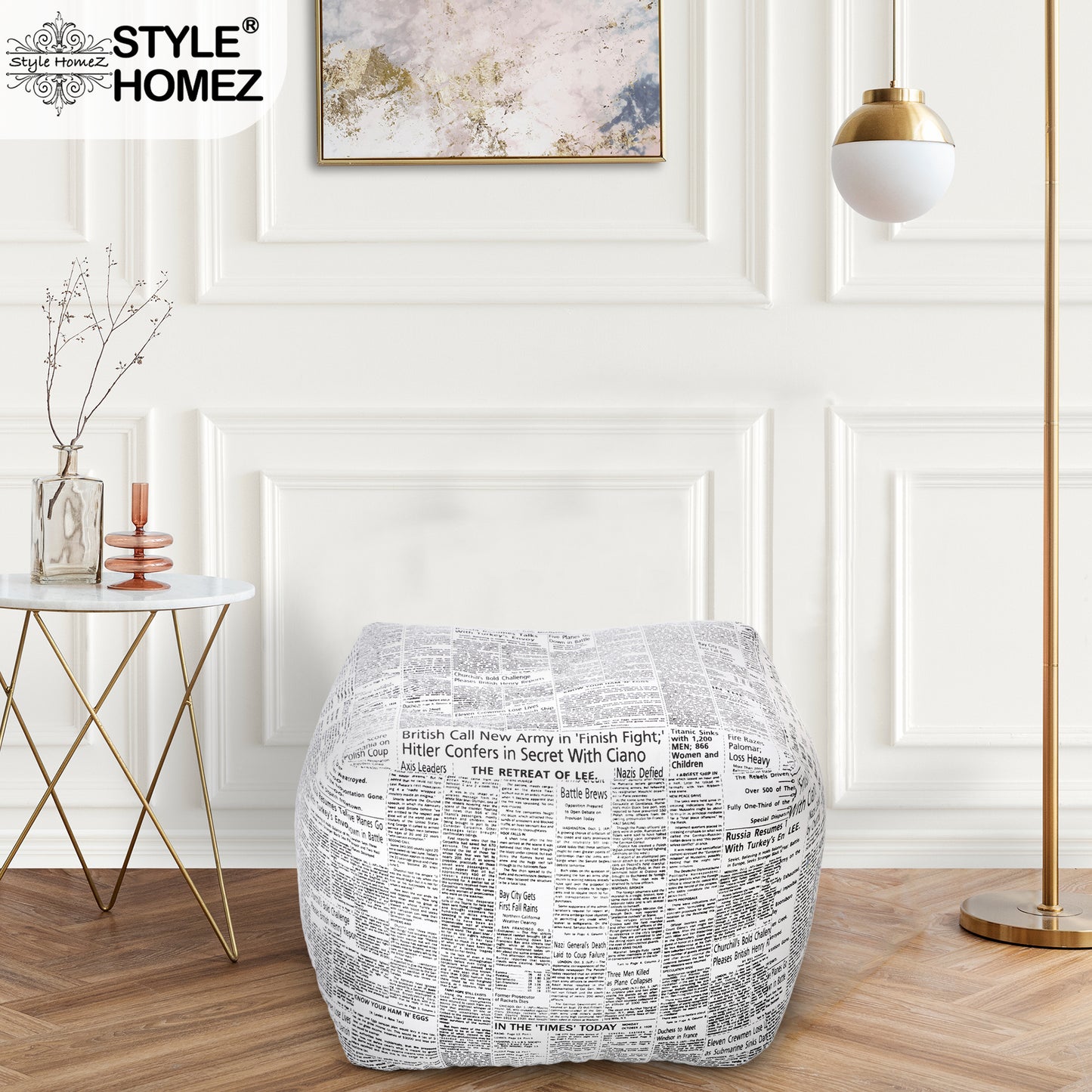 Style Homez Square Ottoman, Cotton Canvas Newspaper Printed Bean Bag Ottoman Stool Large Size Filled with Beans, White Black Color